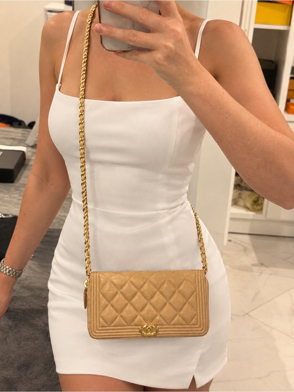 Chanel Boy Beige Quilted Caviar Leather Chain Shoulder Crossbody Bag - Picture 11 of 11
